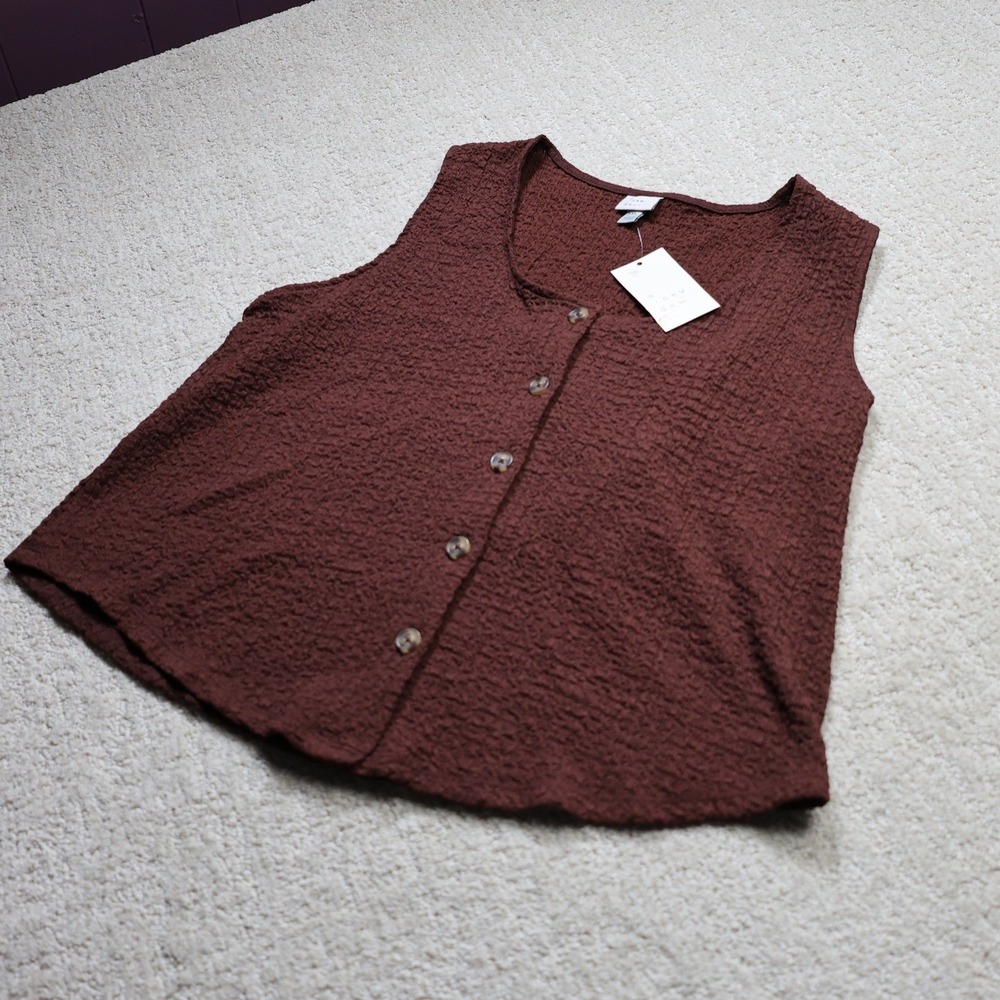 A New Day Women XXL Dark Brown Textured Button Front Sleeveless Top NWT